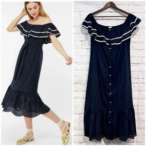 Monsoon Off The Shoulder Embroidered Maxi‎ Dress Cotton Navy Ruffle Size Large